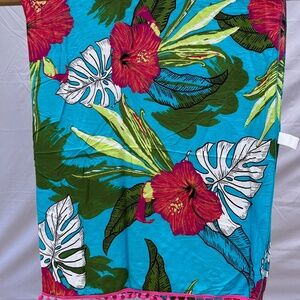 Sarong/Coverup/Canga - Hibiscus Blue w/Hot Pink Poms